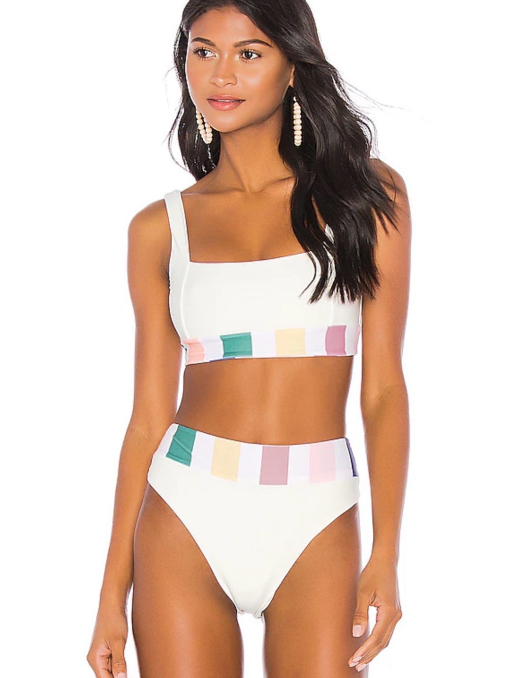 Tularosa White Two-Piece Bikini with Pastel Stripe Accents